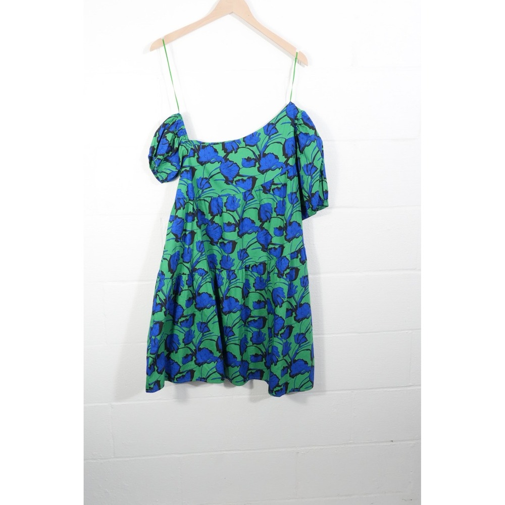 Avara Hudson Dress Womens Large‎ Green Blue Floral One Shoulder Puff Sleeve Mini